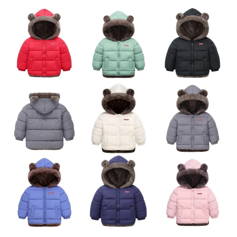 Baby Autumn Winter Kids Cotton Clothes Pocket Jacket Solid Color Ear Down Jacket Toddler Coat Long Sleeve Baby Cotton Clothes