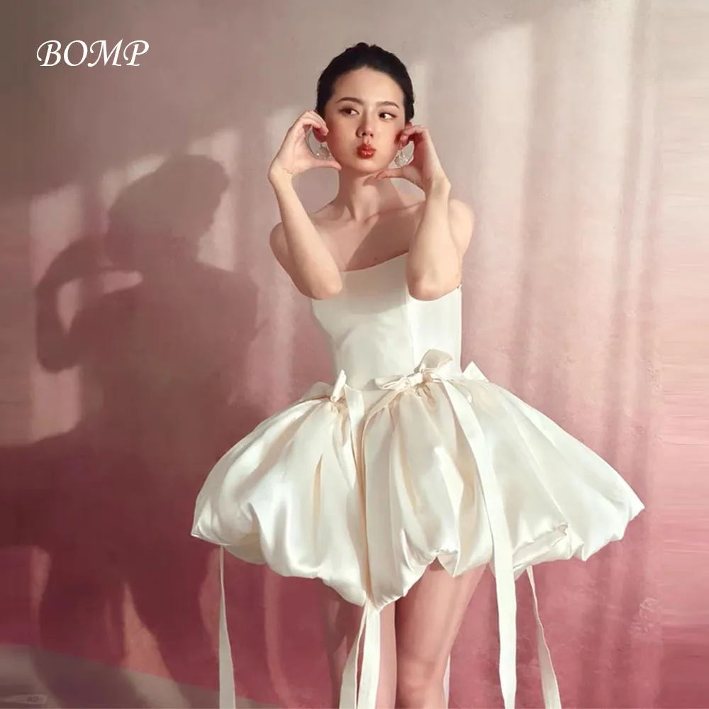 

BOMP Simple Wedding Party Dress Strapless Short A-Line Silk Satin Ivory Bow Strap Short Korea Photo Shoot Bridal Gown Customized