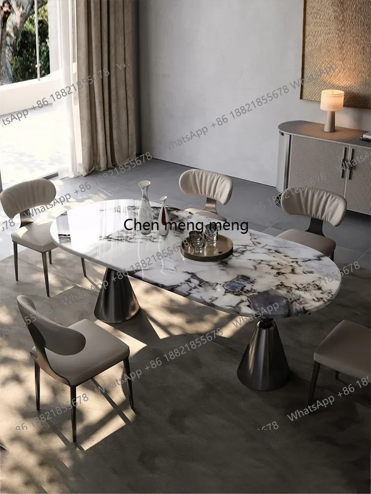 

Z136 light luxury elephant white dining table family villa high-end modern simple stainless steel luxury stone oval dining table