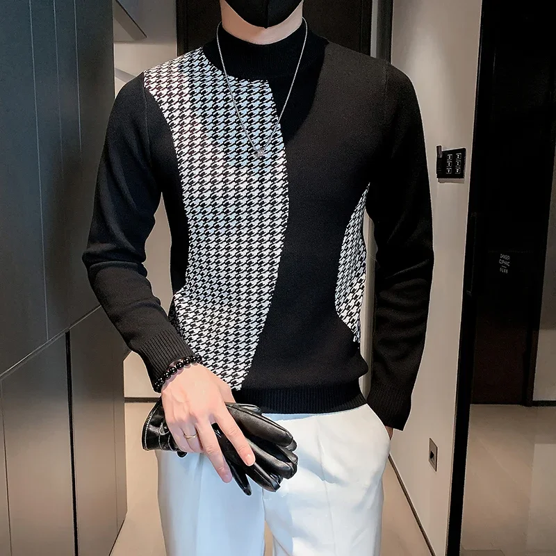 Men Autumn Winter High Quality Knitted Sweaters/Male Slim Fit Fashion Plaid Casual Pullover/Man Long Sleeve High-neck Sweaters