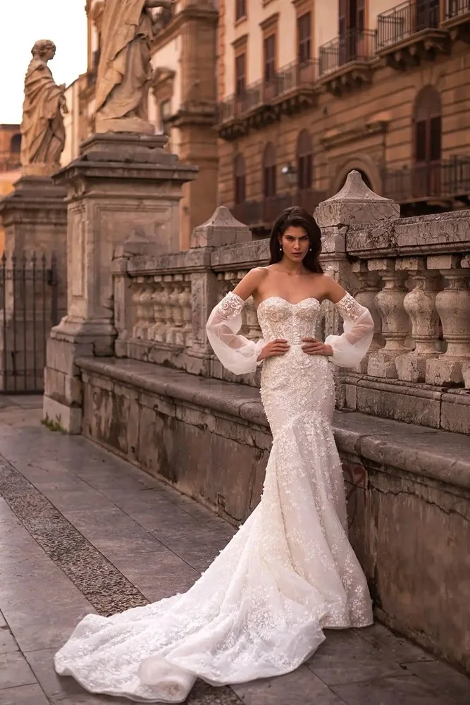 

Сексуальные современные свадебные платья русалки Милая 3D-аппликация свадебное платье с открытой спиной Vestidos De Novia на заказ плюс размер