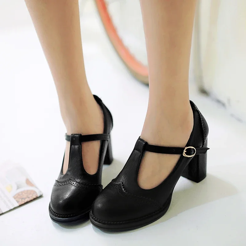 Women High Heel T-strap Pumps Fashion Black Brown Round Toe Dress Office Lady Spring Fall Brogue Fretwork Sweet Mary Janes Shoes