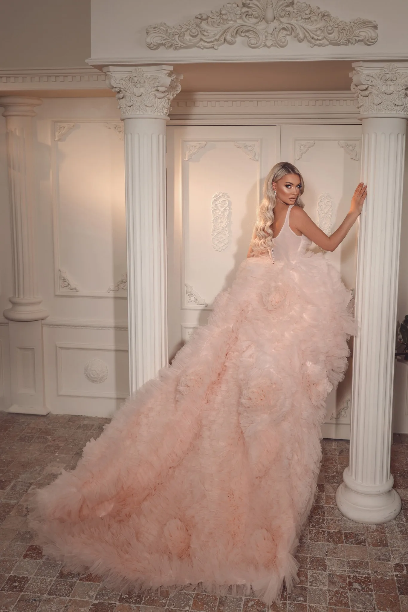 Dreamlike Blush Pink Ruched Tulle High Low Long Maxi Gowns Fluffy Tiered Tutu Tulle Formal Party Dress Bridal Dresses