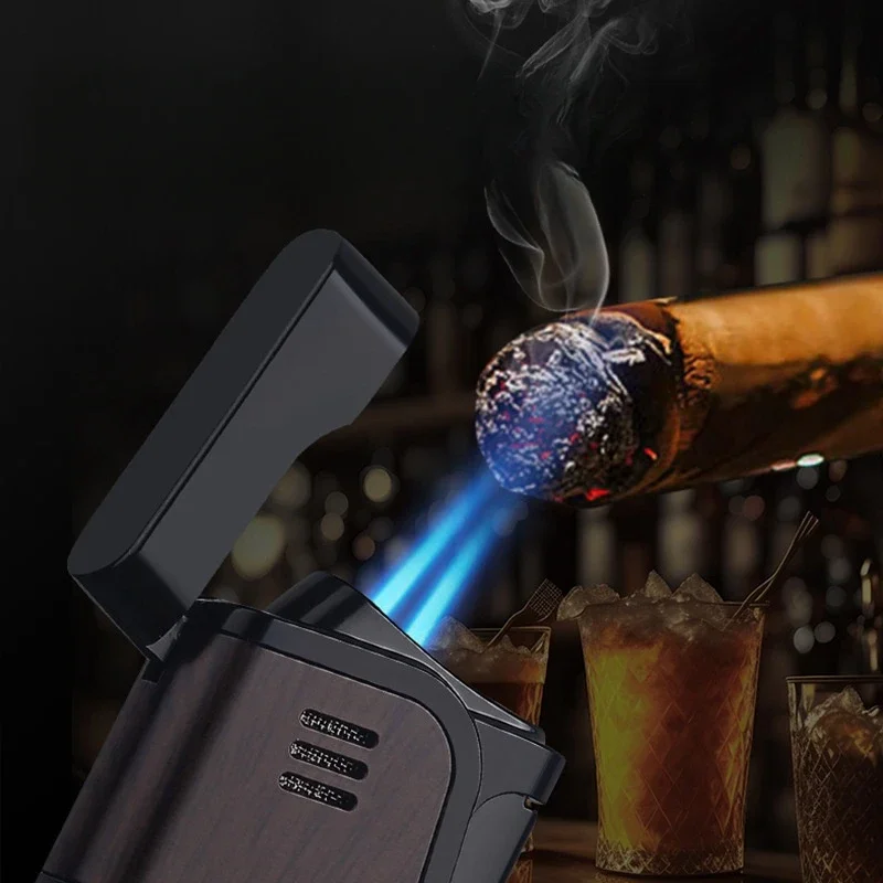 Metal Portable Windproof Blue Flame Double Direct 45 Degree Oblique Fire Inflatable Lighter for Cigar  Igniter Outdoor Multi use