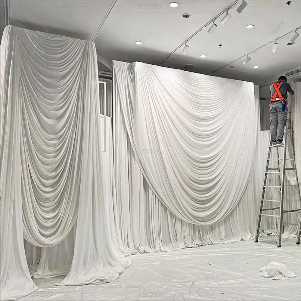 FSDKX Cheap White Ice Silk Cloth Wedding Party Backdrop Drape Curtain Birthday Party Stage Backdrop
