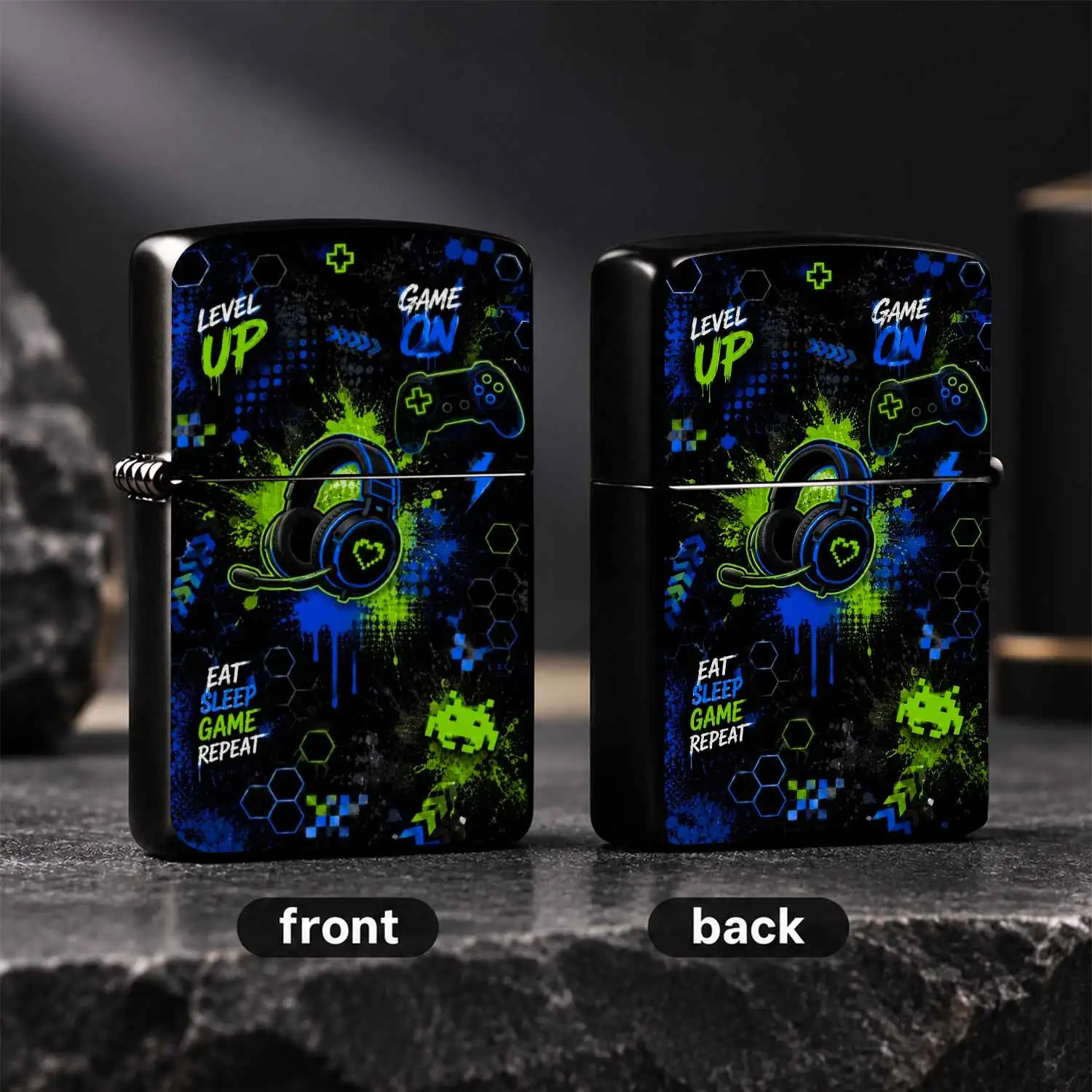 Stylish E-Sports Graffiti Themed Portable Lighter With Neon Blue And Green Gaming Elements, Perfect For Daily Use, Outdoor Gatherings And Various Scenarios, Exquisite Unique Sense, Ideal Choice For Personal Use Or Gifting To Gaming Enthusia