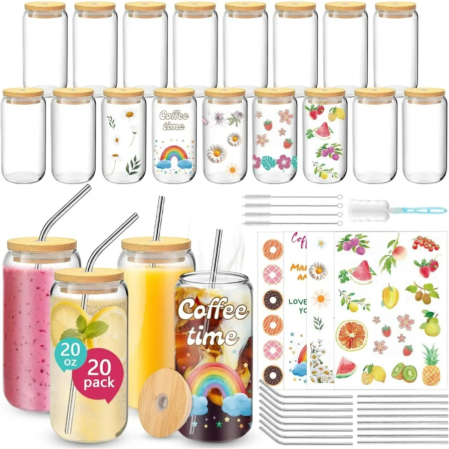 

Упаковка из 20 стеклянных стаканчиков с крышками и соломинками + наклейки «сделай сам», многоразовые стаканы для пивной банки с бамбуковыми крышками и металлическим Stra