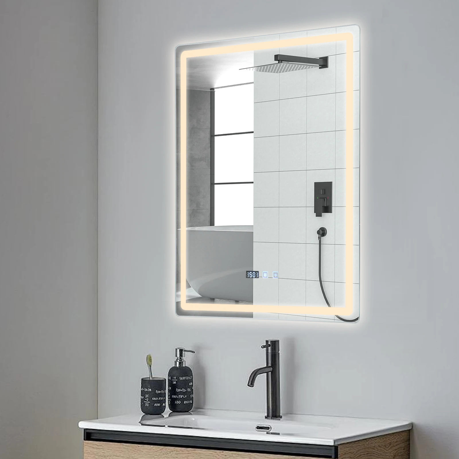 HOMirror 4.2 par LED avec anti-buée, miroir de courtoisie mural avec bouton tactile intelligent, heure, 3 couleurs à intensité variable, 50x70 cm