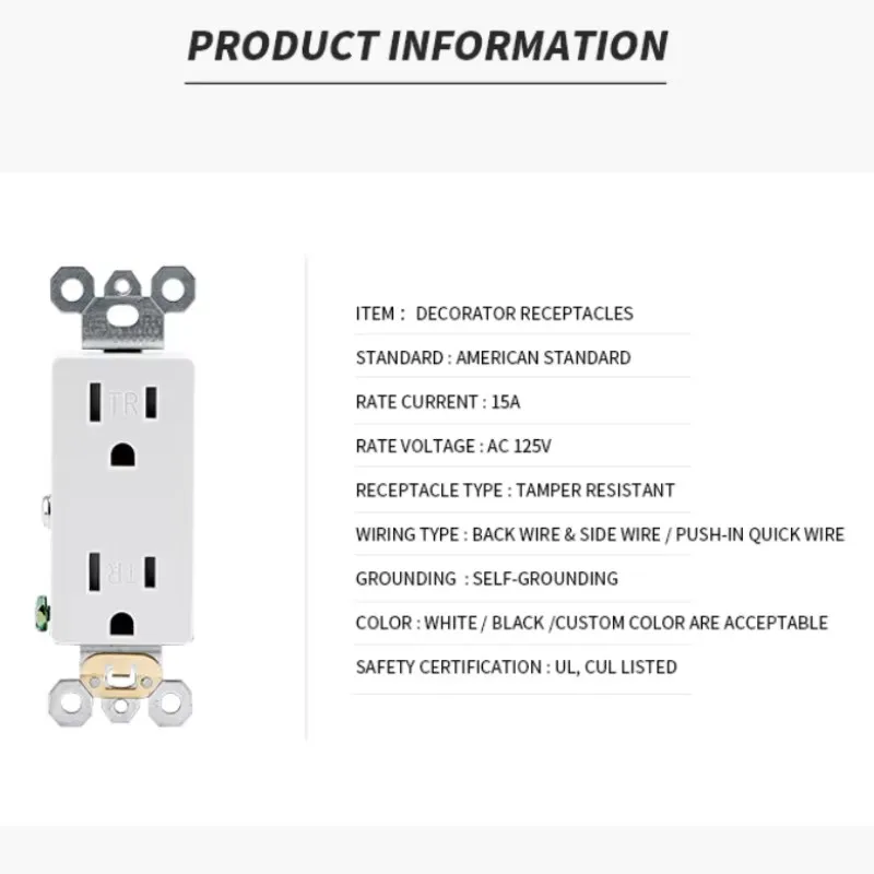 15A  20A US standard Electrical Outlet Wall Receptacle socket Child Safe Tamper-Resistant  TR