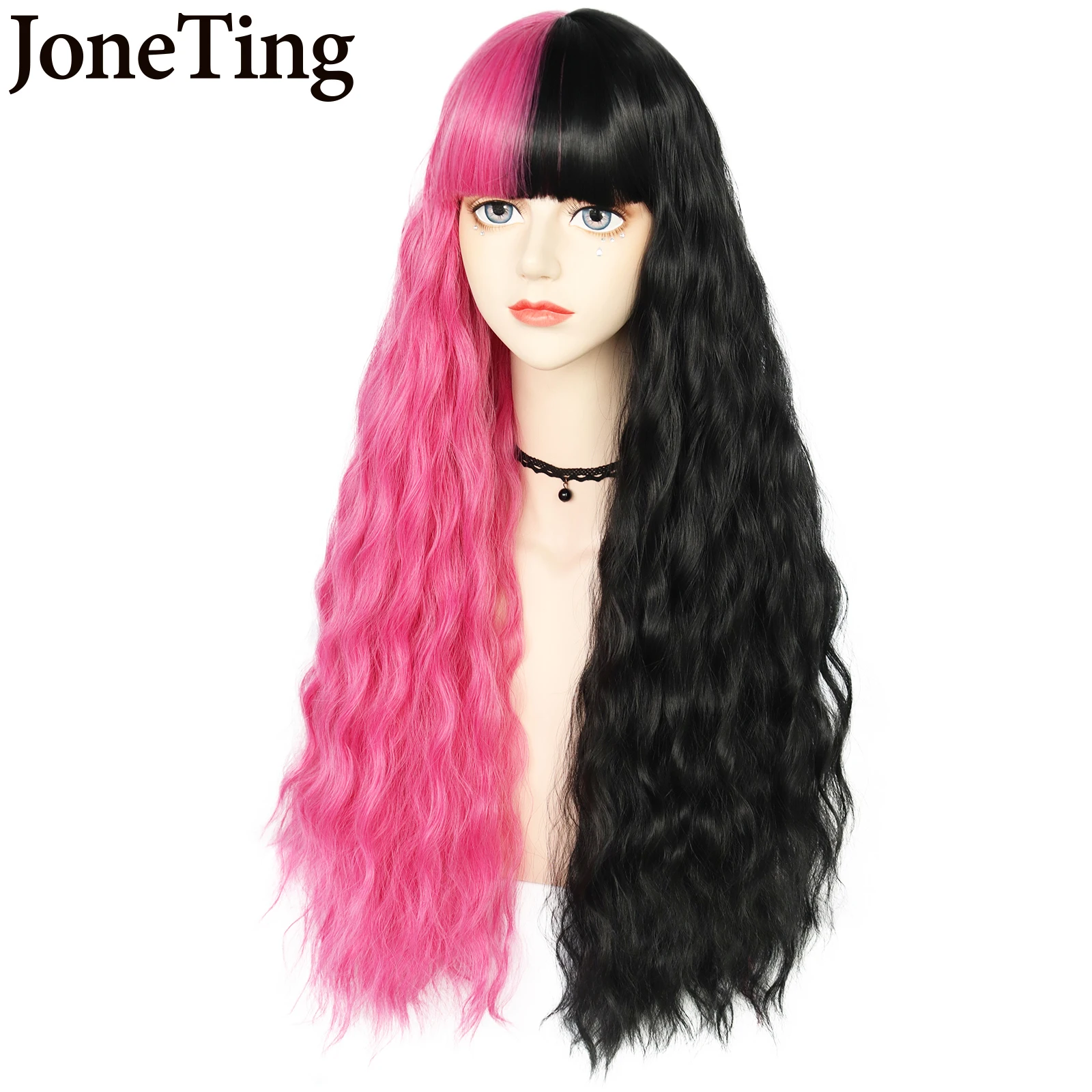 Jt sintético preto rosa lolita perucas ombre onda de água longa cosplay perucas marrons resistente ao calor para o estilo americano feminino