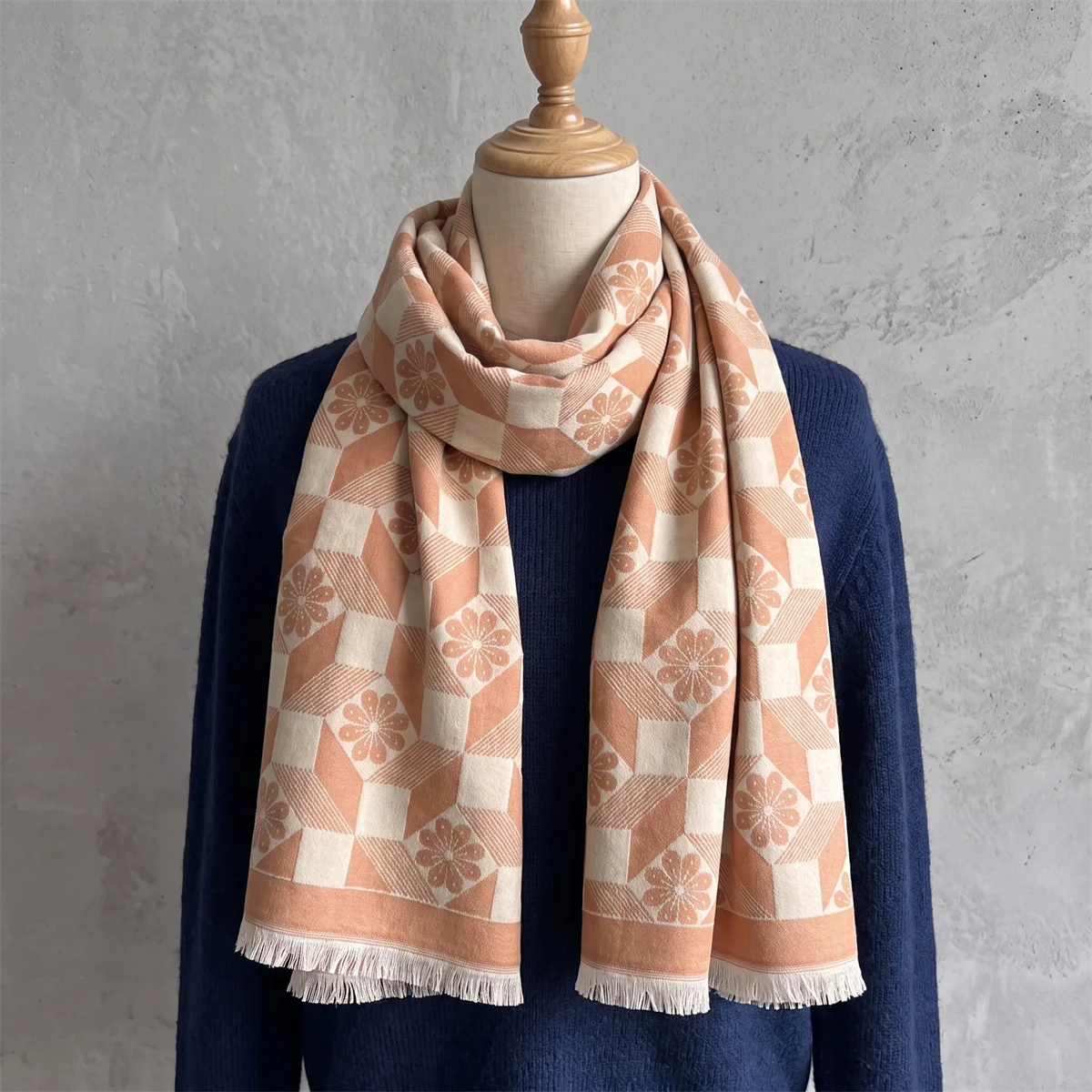 Korean Style Grid Floral Printed Satin Scarf Double Face Warm Stole Winter Wind Resistant Shawl For Female Daily Wear Overcoat