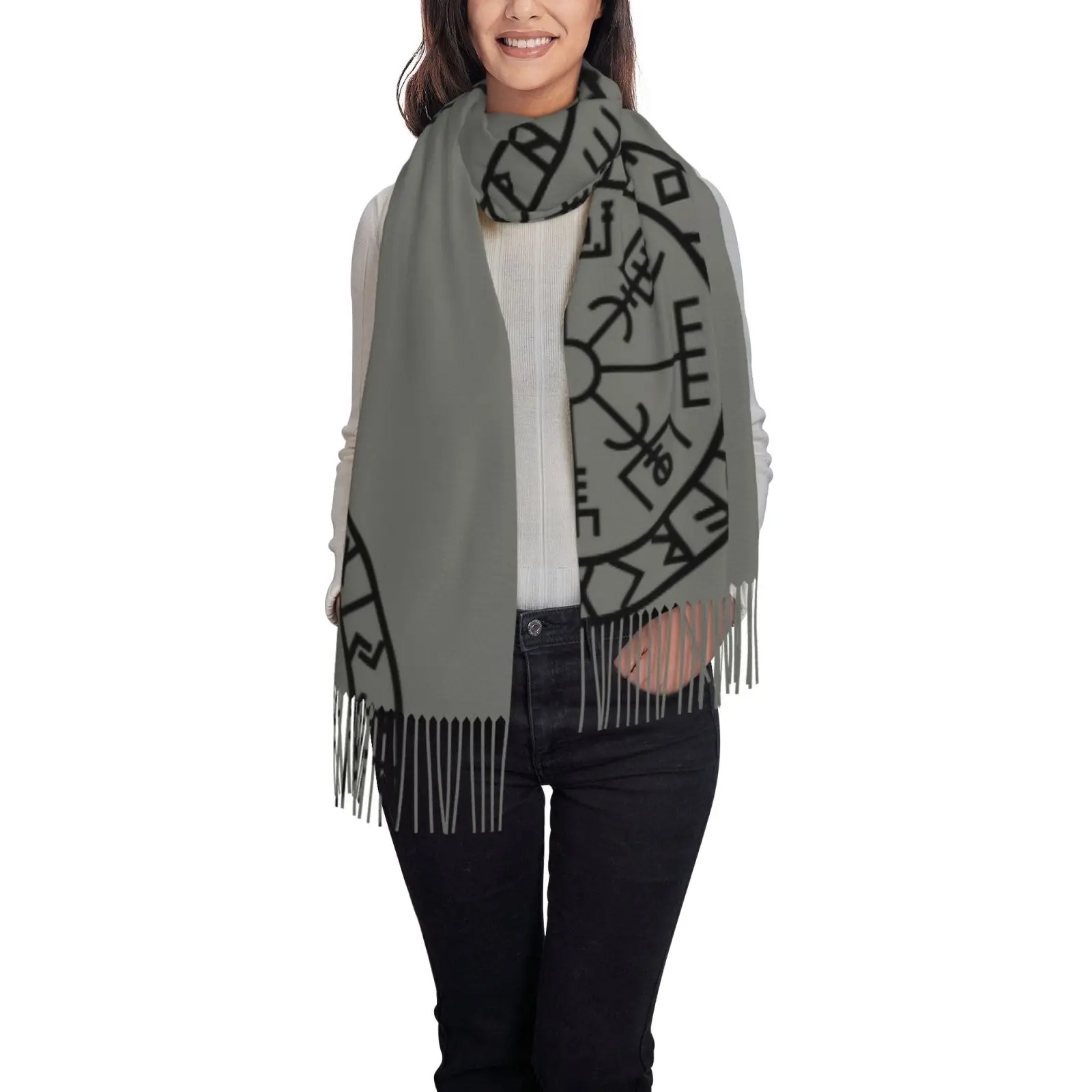 Viking Rune Vegvisir Print Women Shawl Scarf, Nordic Compass Symbol Tassel Wrap, Soft Warm Oversized Cape for Winter