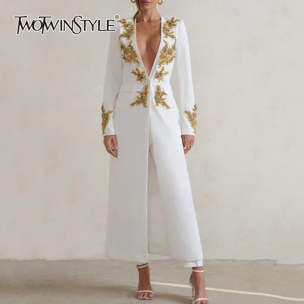 

TWOTWINSTYLE однотонные утягивающие роскошные куртки с аппликацией для женщин, темпераментная куртка с v-образным вырезом и длинными рукавами, женская одежда