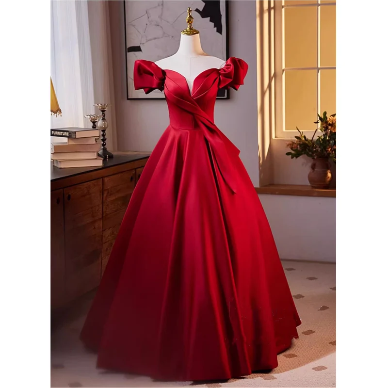 

Bespok Occasion Evening Dress Burgundy Satin Off the Shoulder Lace up A-line Floor-length Plus size Women Party Formal Gowns