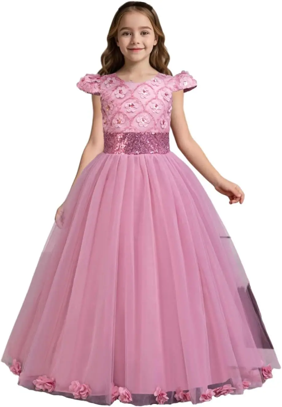 Girls Dressed Up for Formal Chiffon Birthday Party Gown,Embroidered Sequins Floral Skirt Christmas Party Princess Halloween Gown