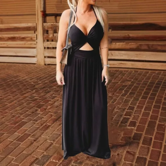 

2025 Women's Fashion Strap V-Neck Sexy Backless Solid Color Summer Dress