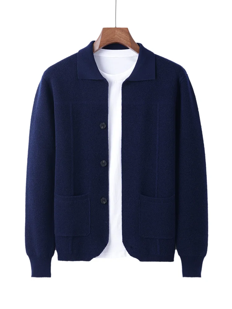 100% Merinowol Heren Revers Kraag Gebreid Vest Herfst Winter Dikker Effen Kleur Polo Hals Pak Shirt Kasjmier Jas trui