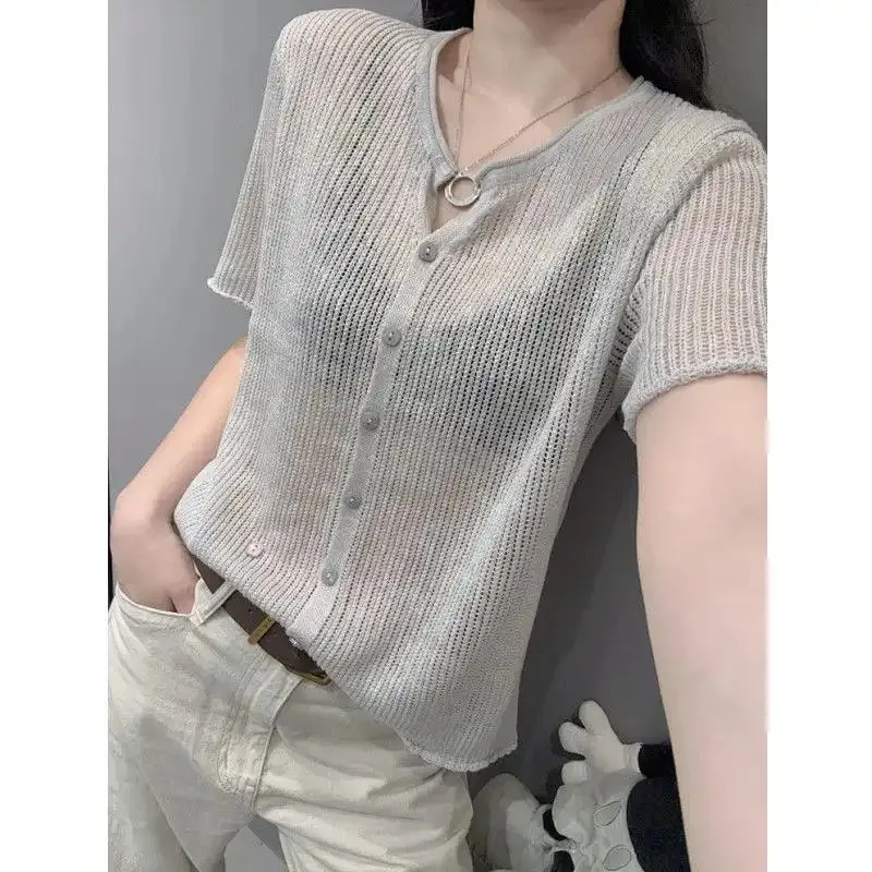 Women's Plus Size Ice Silk Knit Cardigan V Neck Short Sleeve Sheer Thin Sun Protection Casual Tops