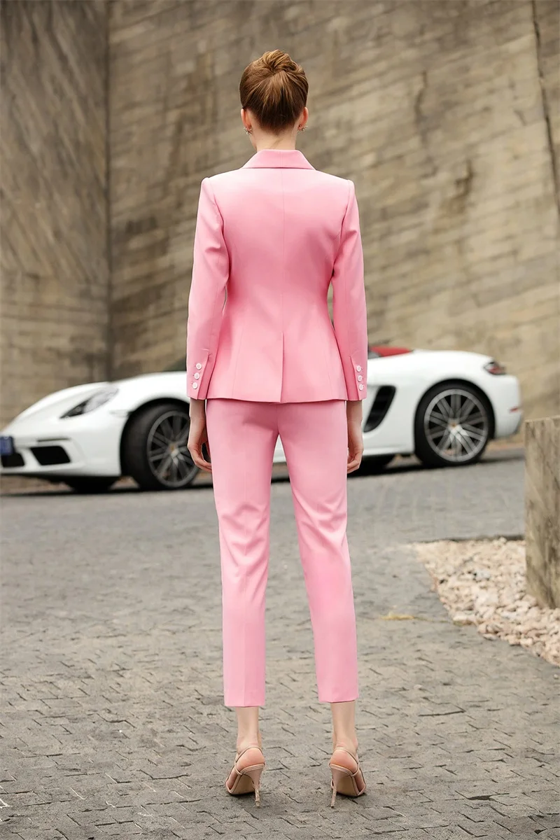 Roze Vrouwen Suits Set Blazer + Negende Broek 2 Pcs Tailored Made Wedding Smoking Formele Kantoor Dame Jas Prom Jurk kostuums