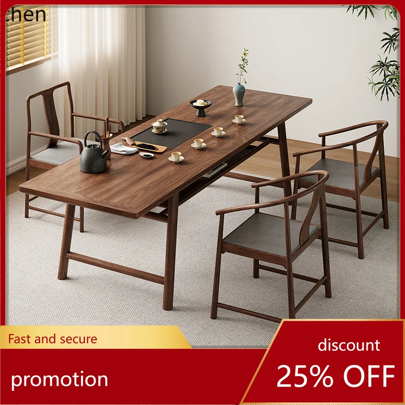 HXL Black walnut solid wood tea table and chair combination Kung Fu log tea table 2024 new high-end