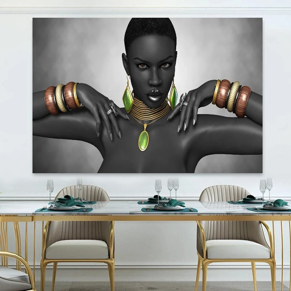 African Woman Jewelry Wall Art Canvas Prints Wall Decor Fashion Makeup Girl Posters Painting for Living Room Decoration Mural