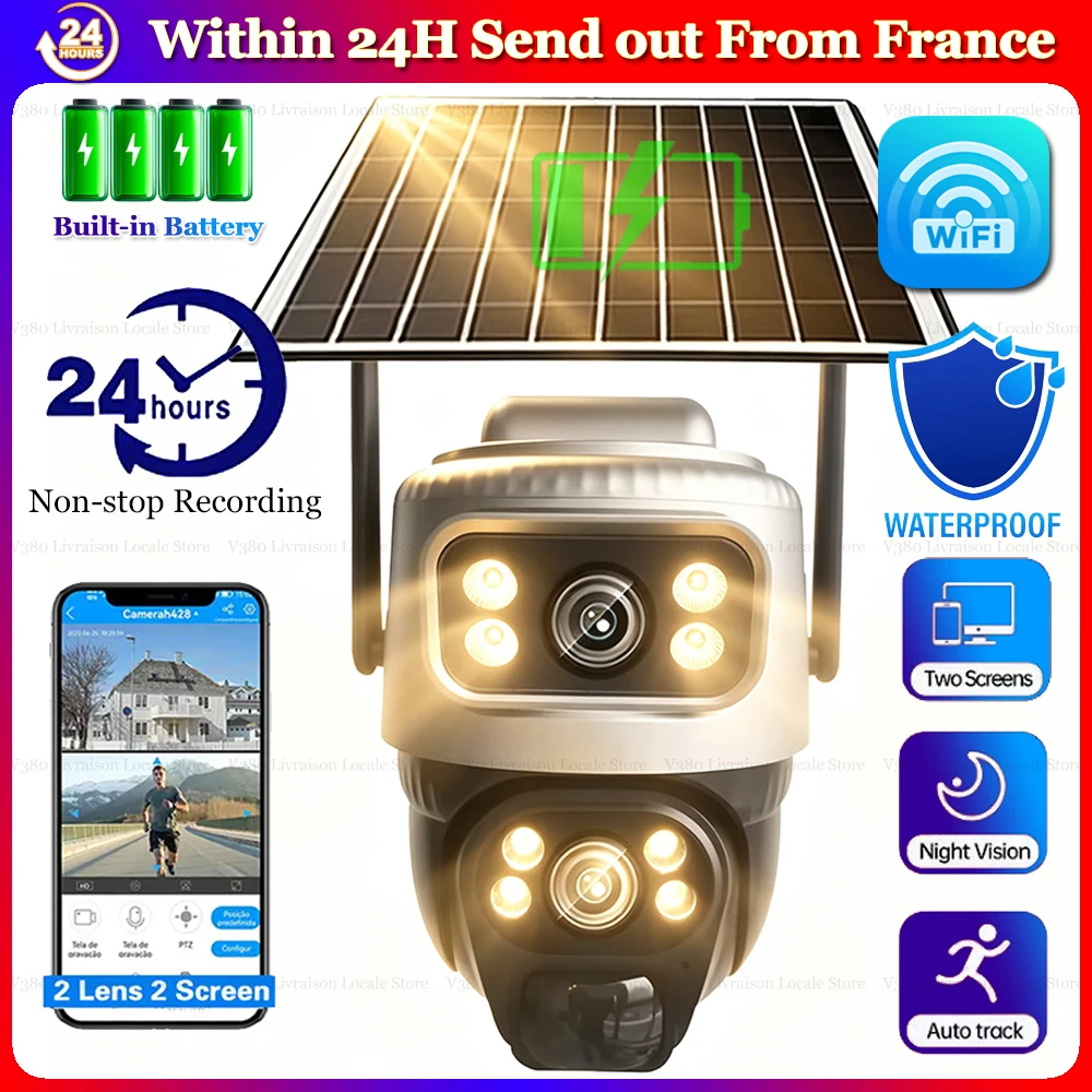 Caméras solaires WiFi à double objectif HD, sécurité intelligente pour la maison, protection extérieure, caméras IP CCTV sans fil étanches, détection humanoïde PIR, suivi automatique, moniteur de surveillance PTZ 360°.