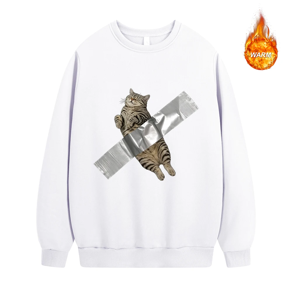Men's Fun Tape Cat Print Crew Neck Sweatshirt Autumn Thickened Warm Casual Pullover Everyday Street Style Running Commute Top