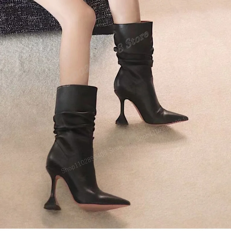 Black Wine Glass Heel Mid Calf Boots Solid Matte Leather Fleece Pointed Toe Women Shoes 2023 Fashion Sexy Zapatos Para Mujere