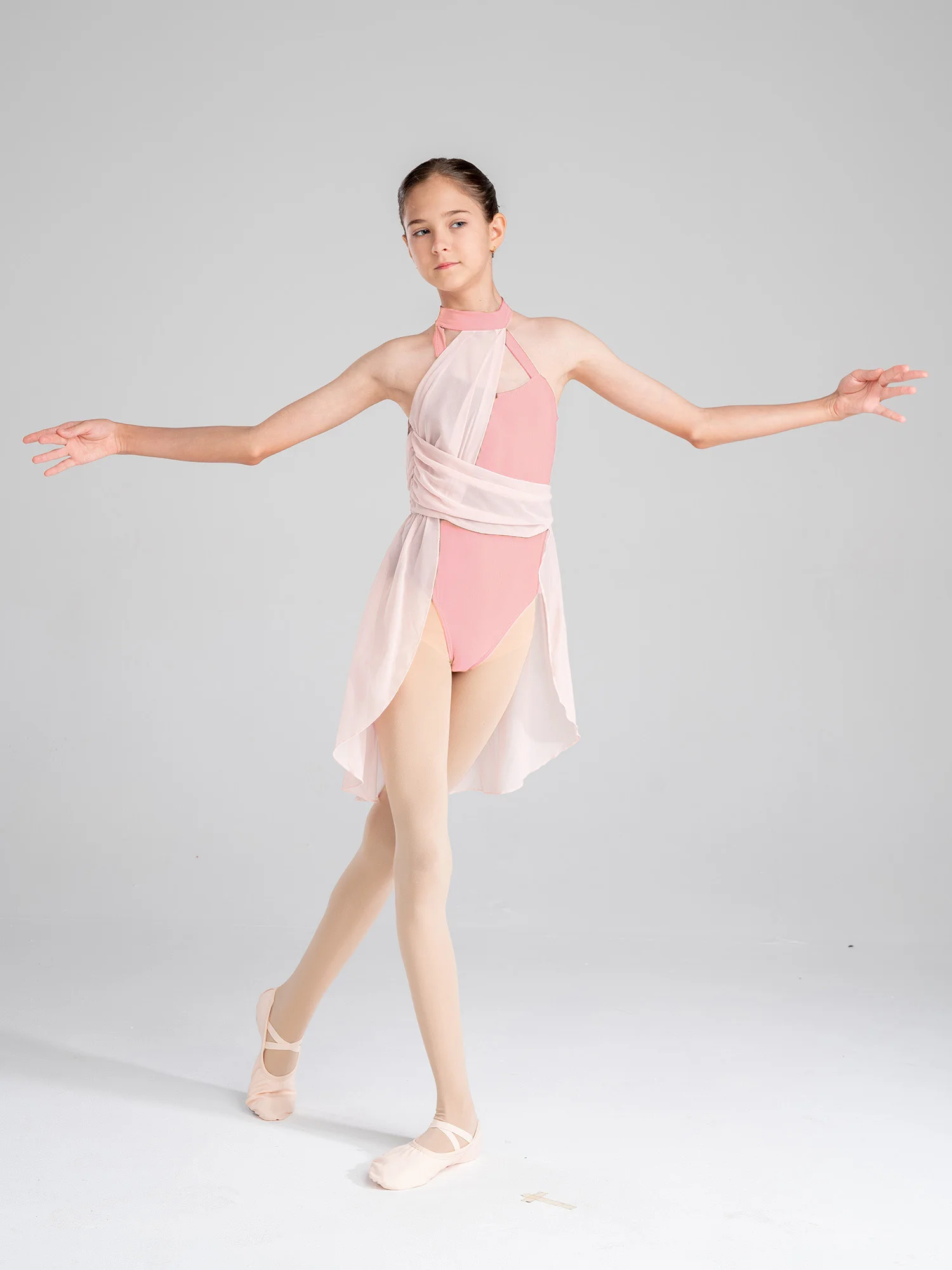 Kids Girls Modern Lyrical Dance Leotard Dress Sleeveless Chiffon Bodice Bodysuit for Figure Skating Ballet Gymnastics Acrobatics