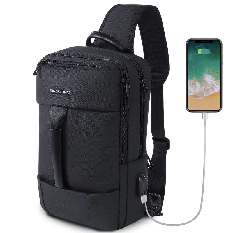 KINGSLONG-Bolso de pecho multifuncional para hombre, bolsa de hombro impermeable con puerto USB, informal, deportiva, a la moda