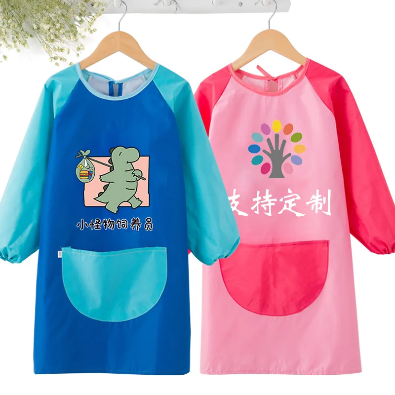 Baby eating smock waterproof children\'s painting apron for big children logo printing art diy long sleeve kindergarten