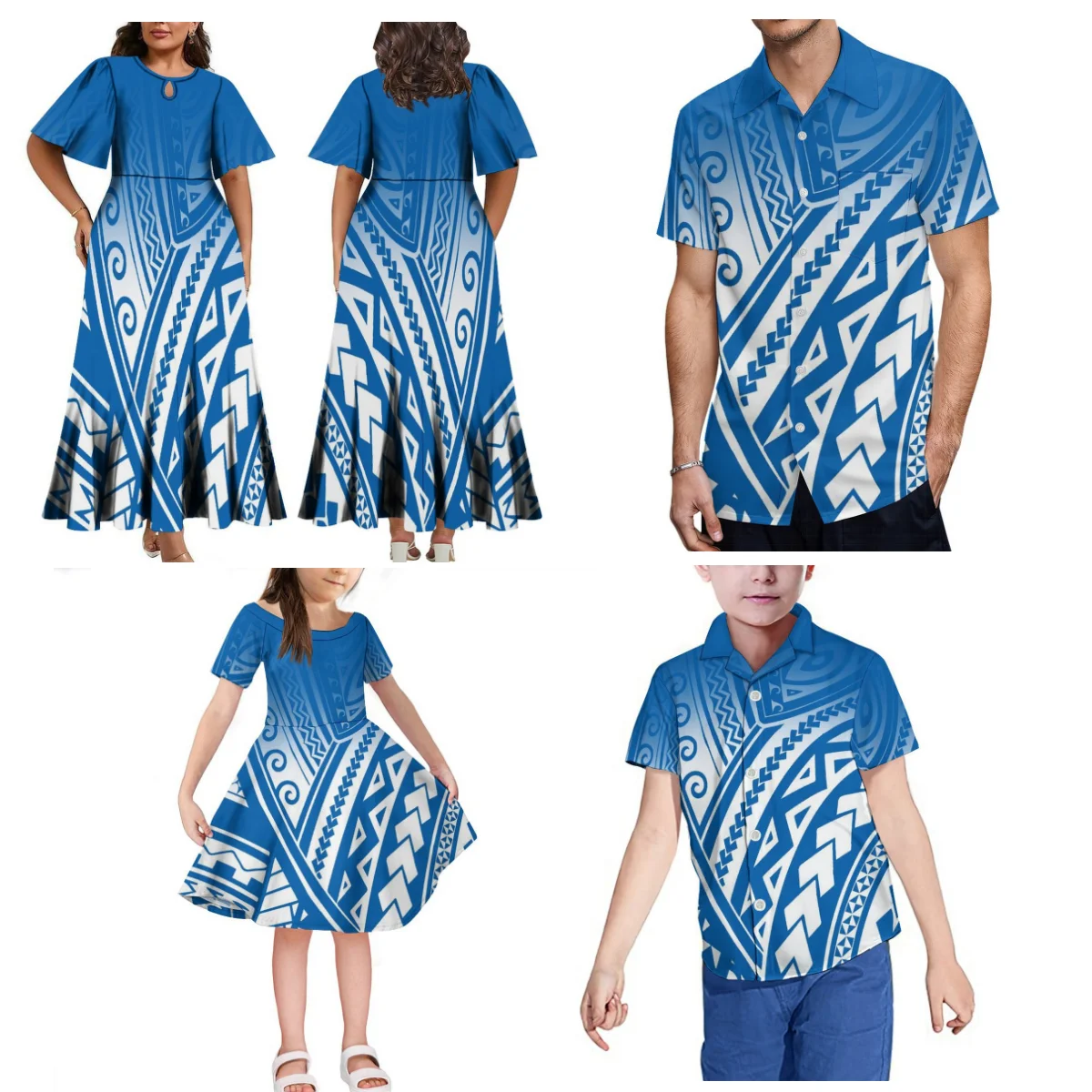 

Custom Family Party Set Adult Children'S Clothing Polynesian Women'S Petal-Sleeved High-Waisted Dress With Men'S Shirt