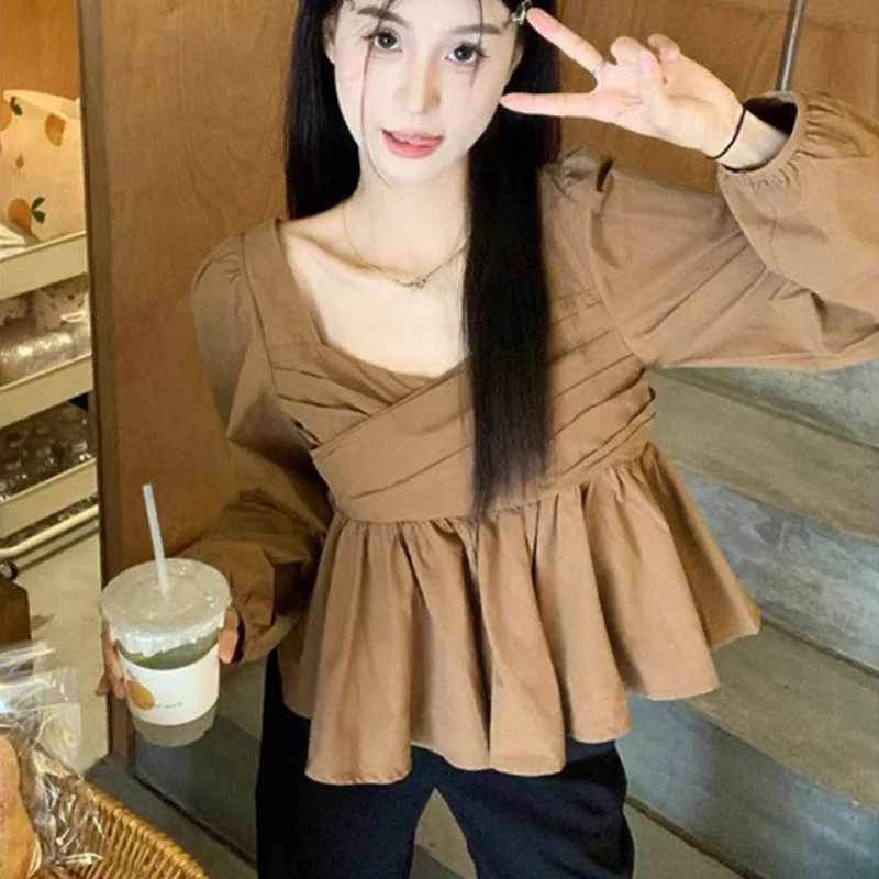 Square Collar Women Shirt Korean Style Puff Long Sleeve Top Female Autumn Ruffles Fashion Woman Blouse 2024 White Clothes New