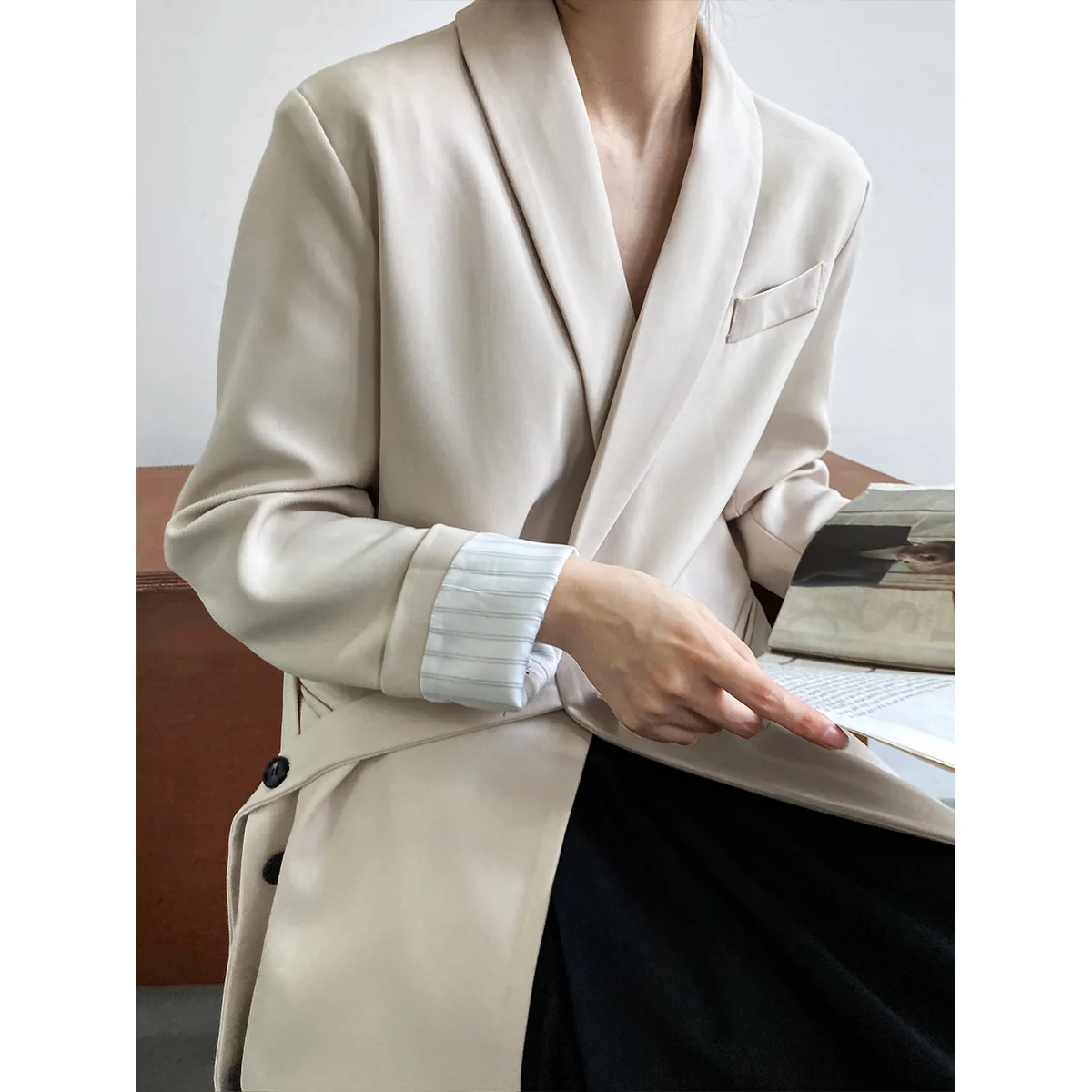 Women Blazer Bandages Vintage Apricot Navy Blue Women Blazers And Jackets Solid Color Leisure Oversized Blazer Coat 2023 New