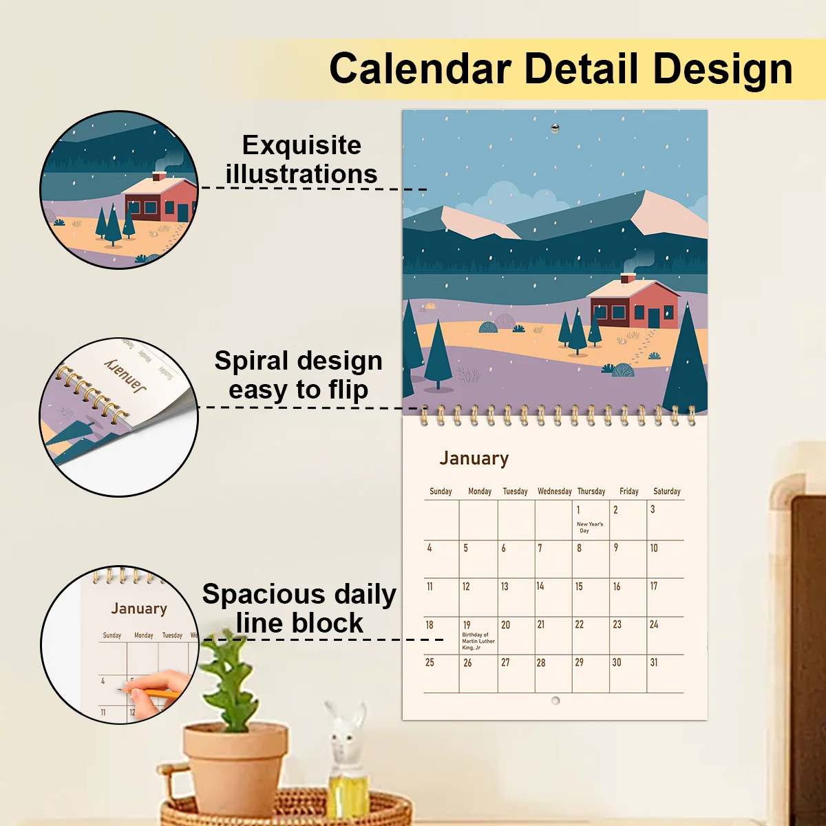 ورق بيرليسسينت 2026 مسطح للفصول الأربعة موضوع المناظر الطبيعية حلقة حديد ذهبية معلقة التقويم ، تقويم جميل بسيط 20*20 سنتيمتر