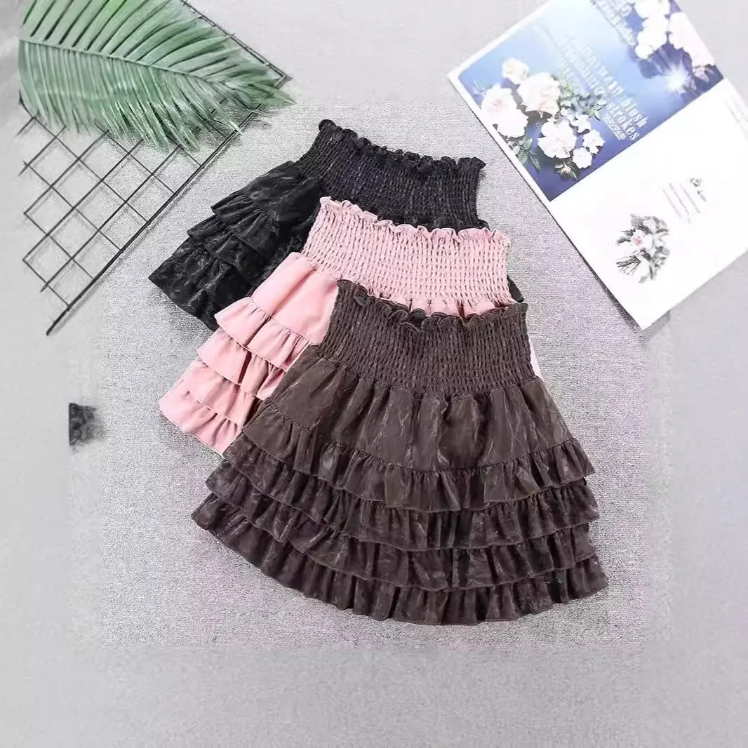 Fu Ear Elastic Waist Cake Skirt for Women Autumn New Hot Girl Pink Tutu Skirt Anti-exposure Girly Style PU Leather Short Skirt