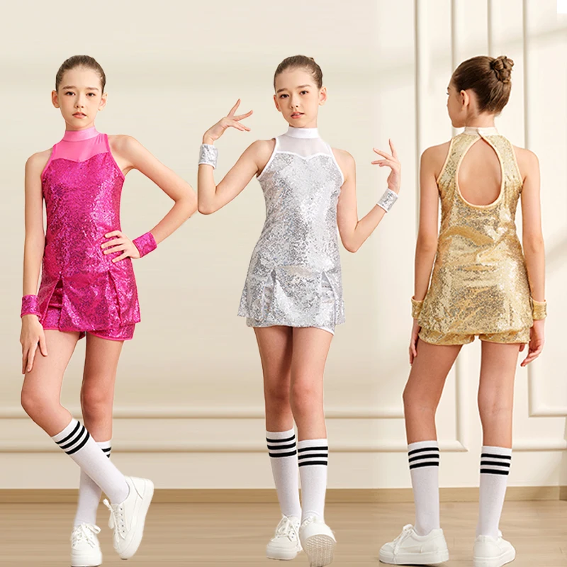 

Girls Mock Neck Sequins Dance Dress with Chest Mesh and Water-drop Hollow Back Sparkle Sleeveless Top and Shorts Suit
