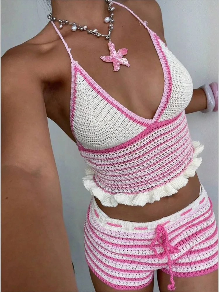 2026 Set da 2 pezzi da spiaggia per donna Copricostume da bagno Top e pantaloncini a vita bassa Costume da bagno copricostume da donna sexy