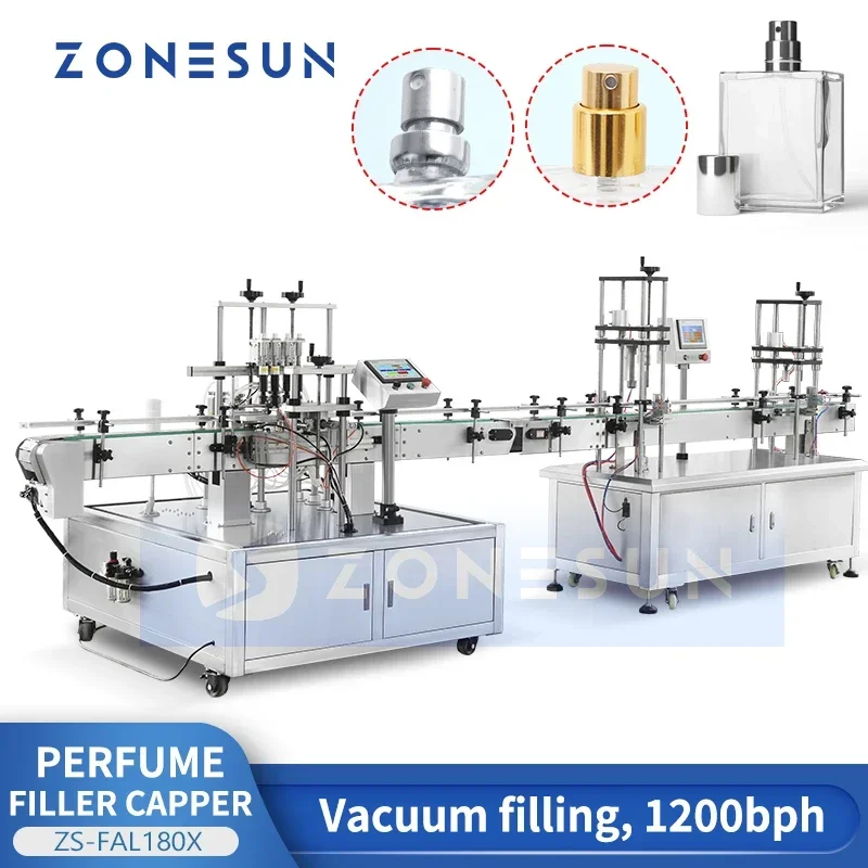 ZONESUN-máquina automática de llenado y sellado de botellas de Perfume, máquina prensadora, llenado de bomba de vacío, equipo de embalaje ZS-FAL180X