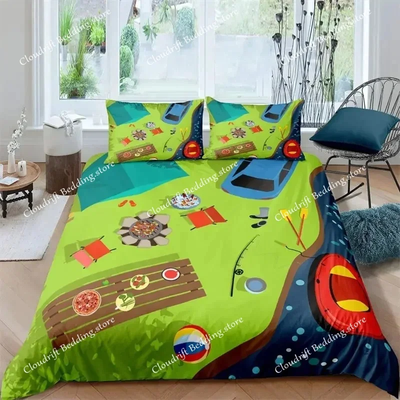 Happy Camping Duvet Cover Queen Cartoon Caravan Camping Bedding Set Farmhouse Style 3D Camper Comforter Cover With Pillowcases