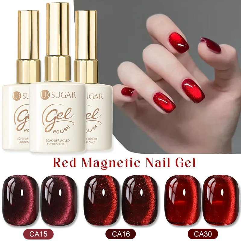 

UR SUGAR 15ml 3PCS Red Cat Magnetic Gel Nail Polish Super Shiny Ruby Red Cat Eye Gel Soak Off UV Semi-Permanent Nail Art Varnish