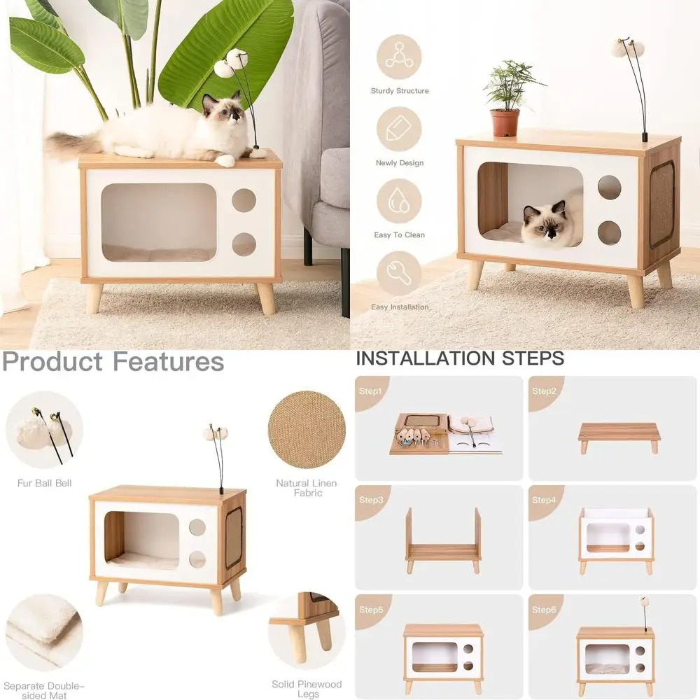 

Cat House Wooden Condo Cat Bed Indoor TV-Shaped Sturdy Large Luxury Cat Shelter Furniture with Cushion Cat Scratcher Bell Ball T