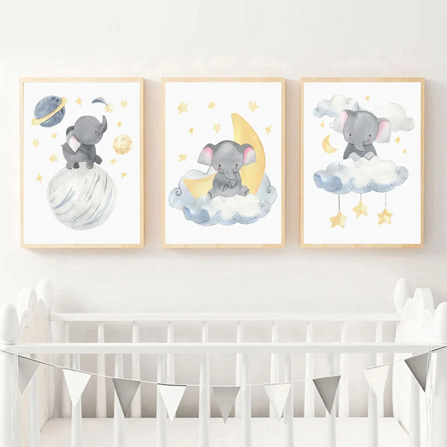 Watercolor Nursery Wall Art Prints Cute Elephant Animal Hot Air Balloon Canvas Painting Moon Planet Poster Kids Bedroom Decor