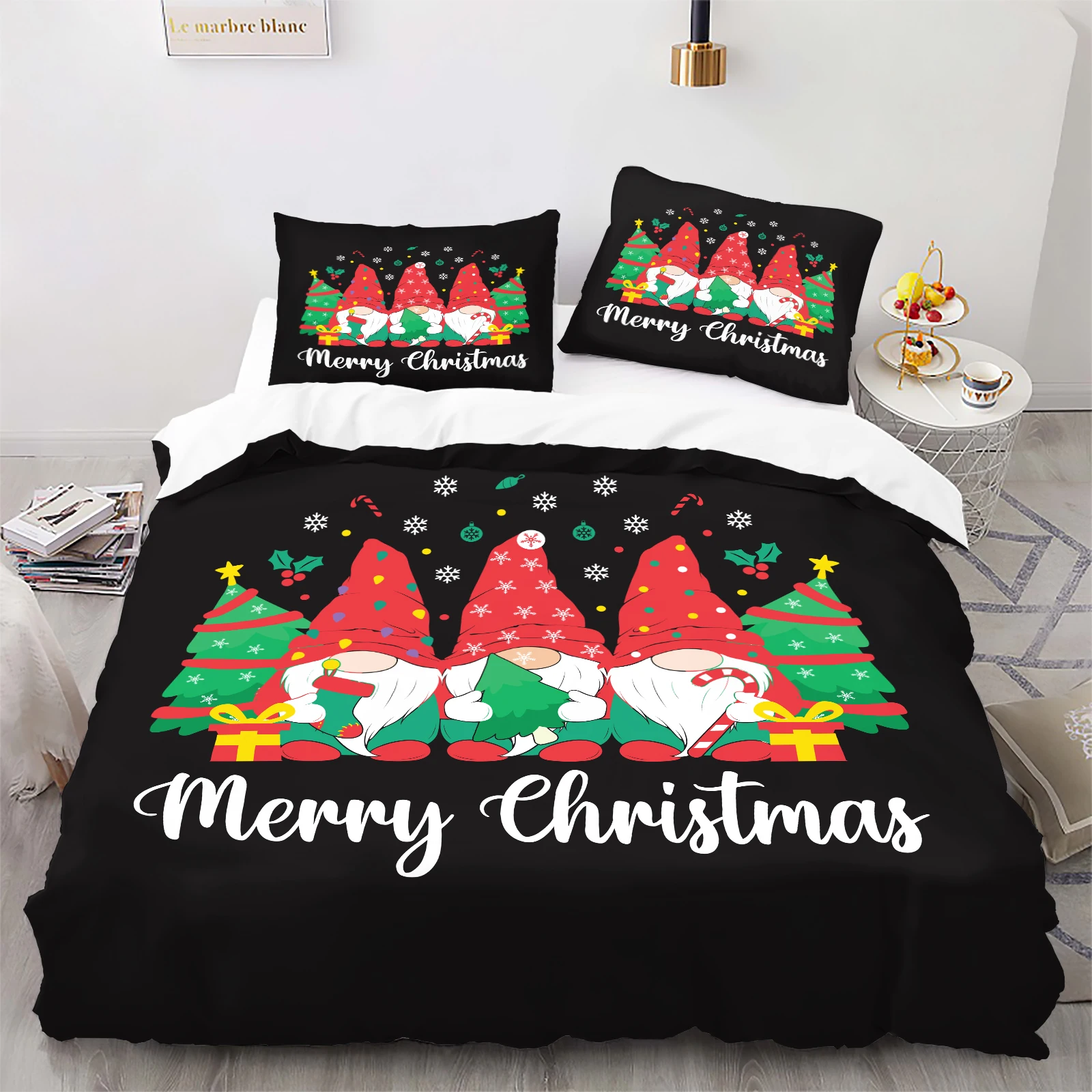 2/3Pcs Cute Christmas Gnome Duvet Cover Set, Red Hat & Tree Print, Festive Holiday Bedding, No Duvet Insert