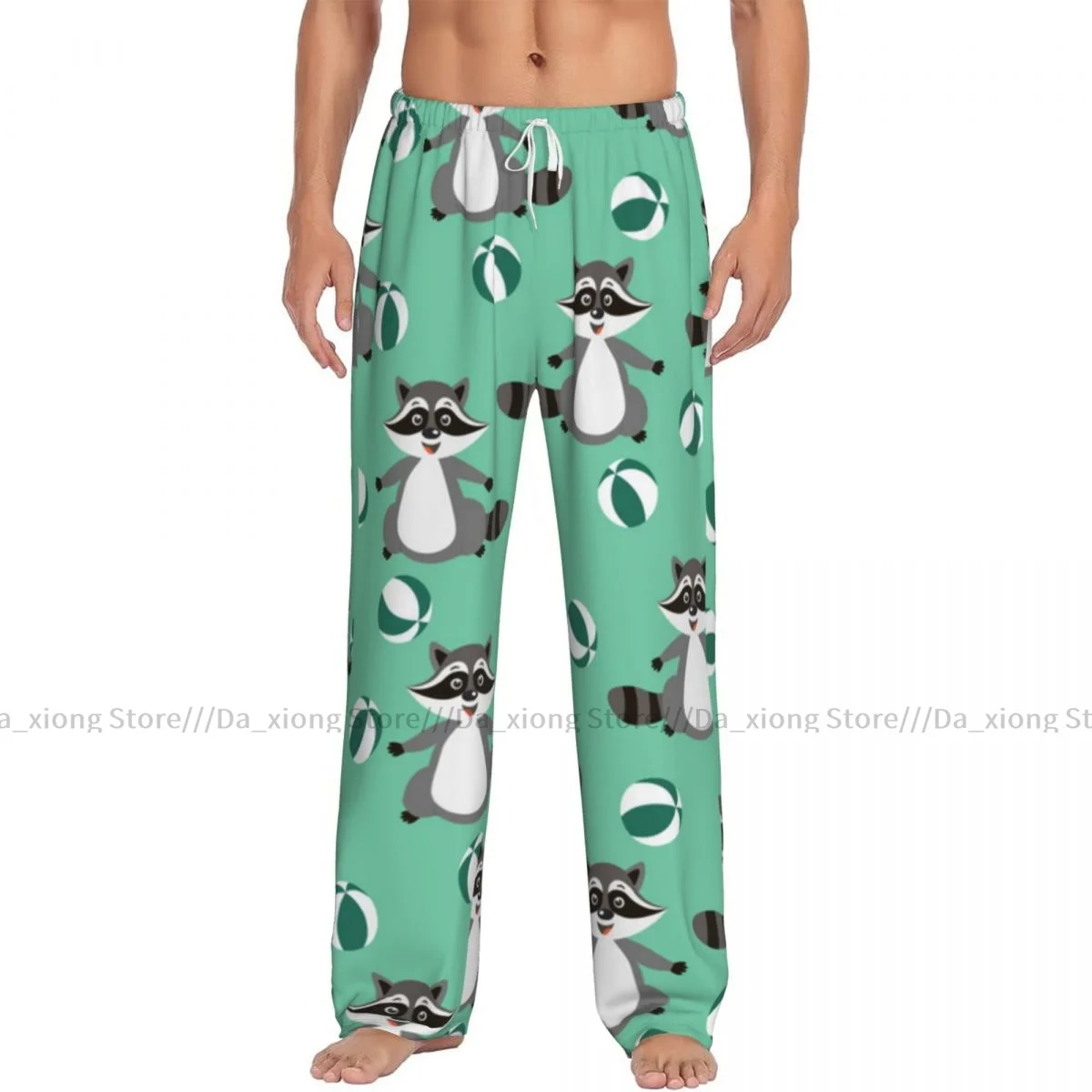 Mens Casual Pajama Long Pant Loose Elastic Waistband Cute Raccoon In Doodle Style Cozy Sleepwear Home Lounge Pants