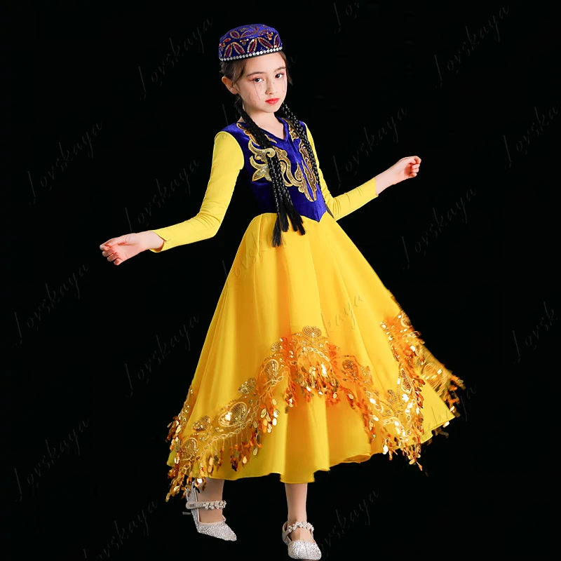 Trajes de baile de Xinjiang para niños, ropa de escenario uigur, disfraces étnicos infantiles para actuaciones de danza kazaj