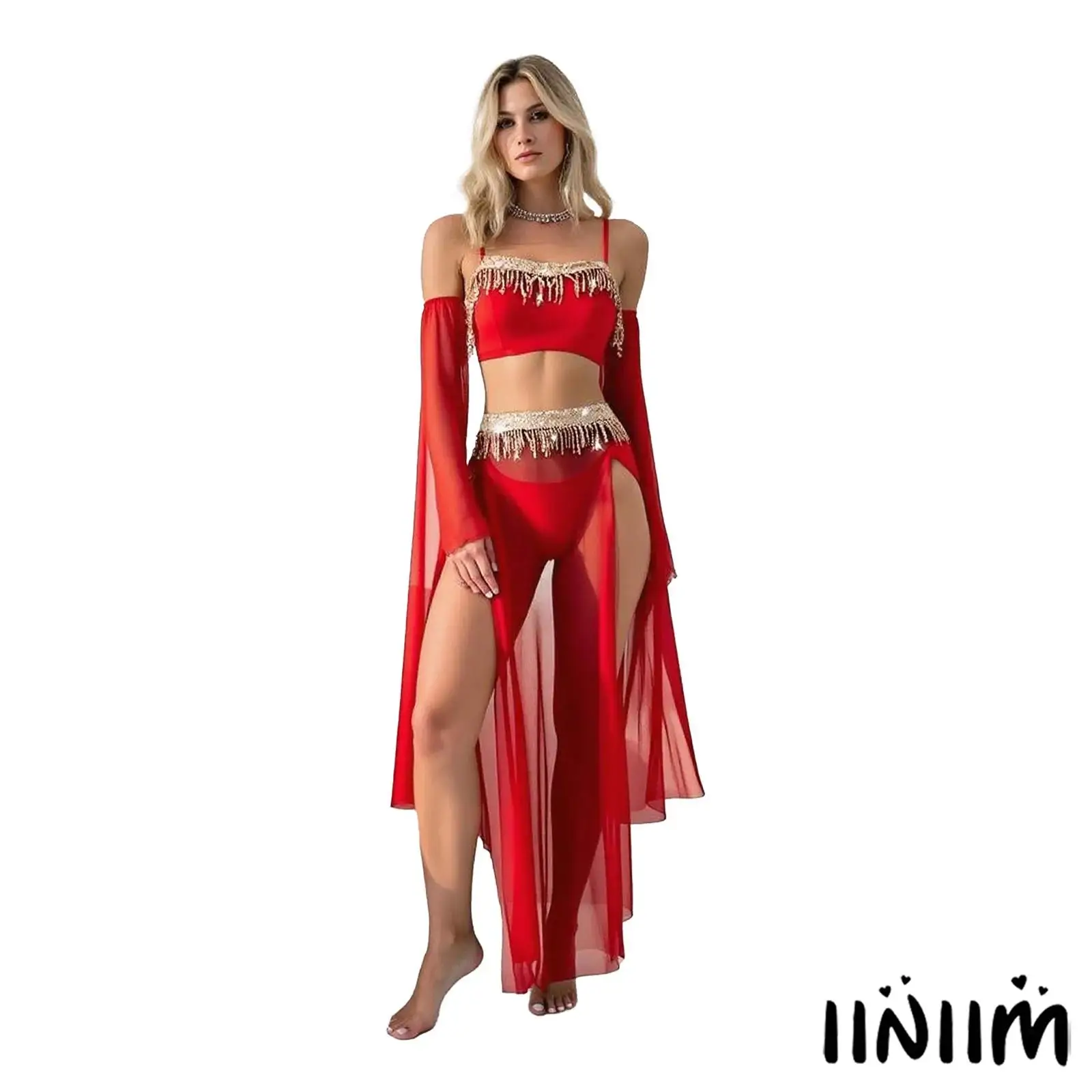 النساء ملابس رقص البطن الترتر شرابة المحاصيل الأعلى القابلة للإزالة كم شق ماكسي تنورة و T-الظهر 4 قطعة مجموعة للرقص القطب Dunhuang