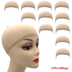 12pcs/6bag Ventilated Nylon Mesh Nude Stocking Wig Cap Hairnets Stretchy Close End Super Extra Thin Skin Breathable Wig Cap