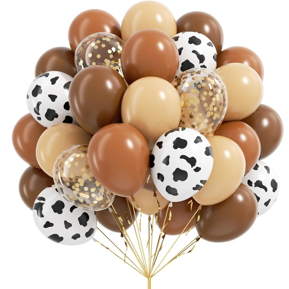 

60 Western Balloons, Brown Nude Gold Confetti Cow Printed Latex Denim Balloons for Farm Cow Western Baby Shower Birthday Party D