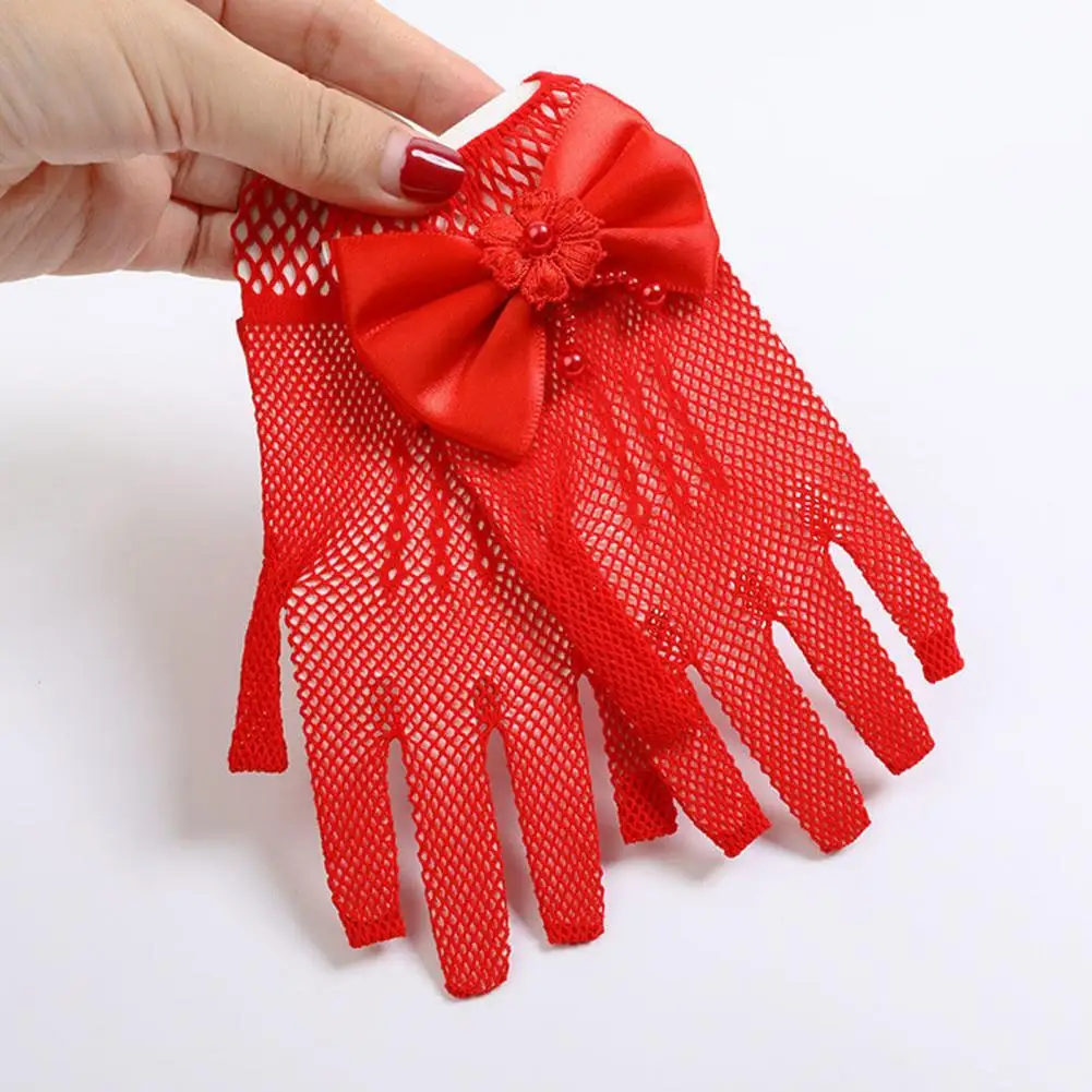 1 Pair Children Gloves Flower Girl Mittens Bow Decor Faux Pearl Lace Gloves Five Fingers Thin Wedding Gloves Clothes Accessories